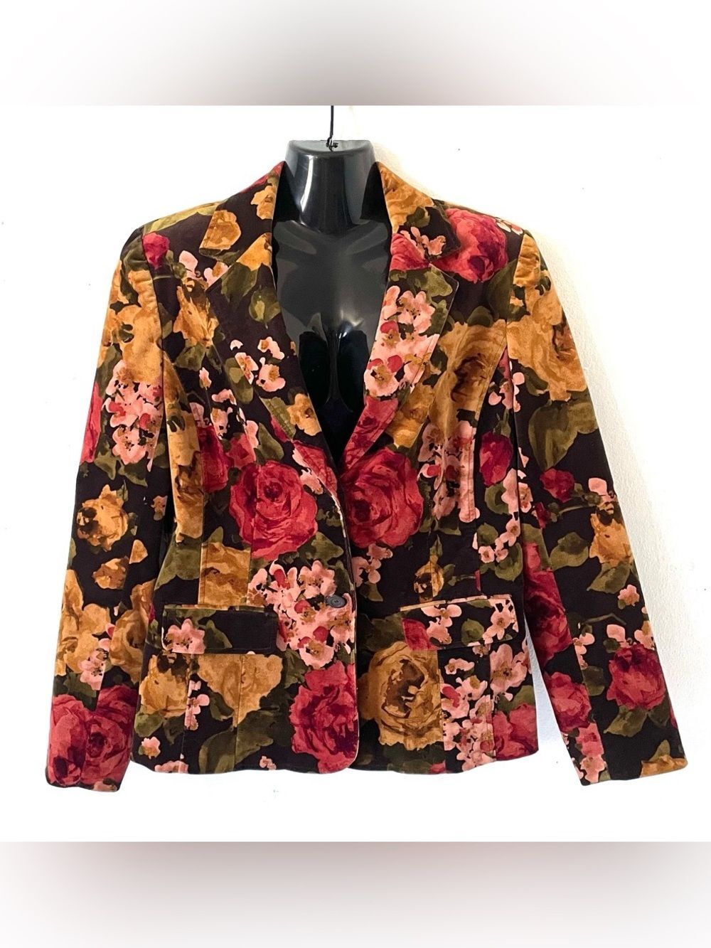 Vintage Floral Velvet Blazer Size 10 Earth Tone Satin Lined Jacket Boho